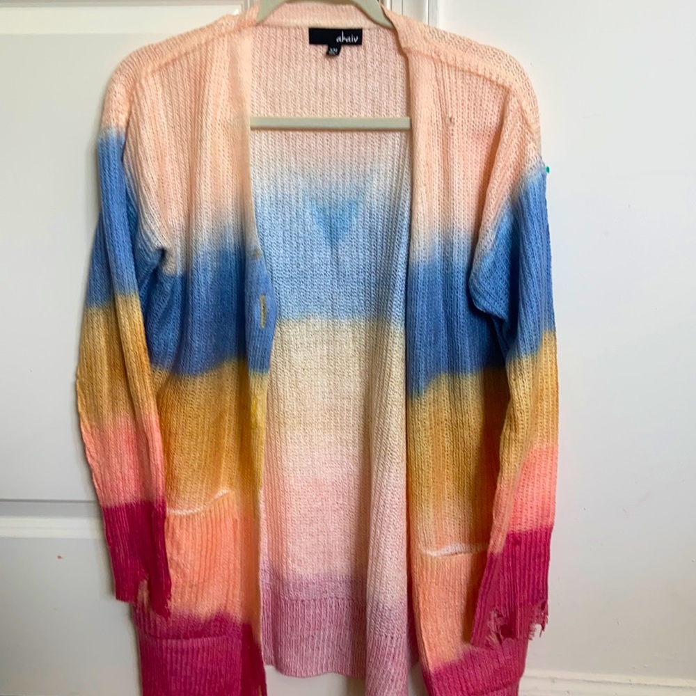 Colorful Cardigan w/ Distressed Sleeves